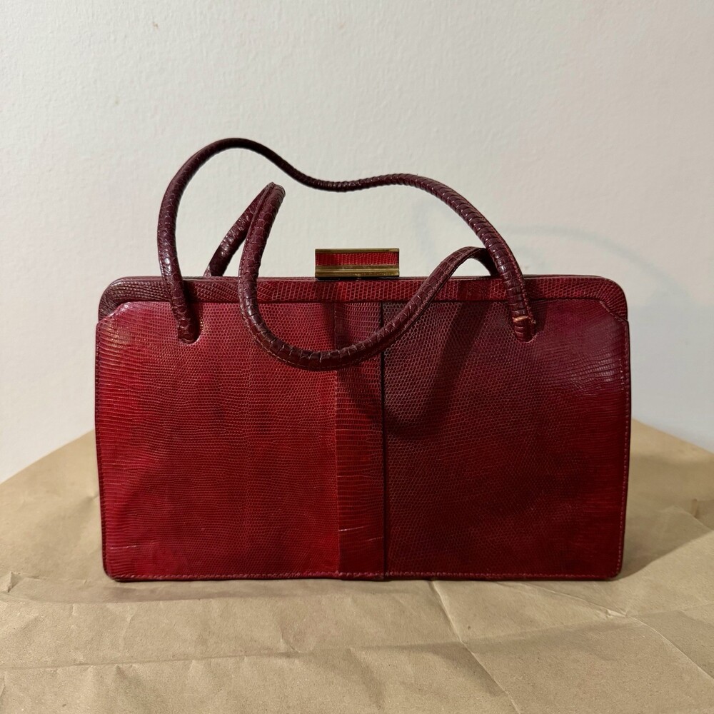 Vintage 1960s est Burgundy Lizard Skin Handbag Gold Clasp Double Handle Purse - Picture 4 of 10